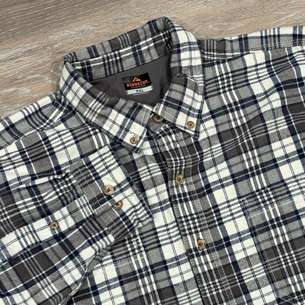 Ridgecut Toughwear Mens 2XL Grey Plaid Flannel Button Down Shirt